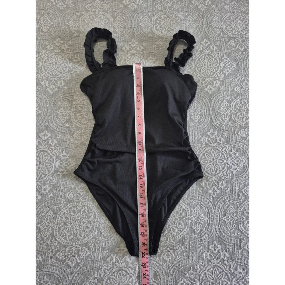 Eomenie Black Ribbed One Piece Swimsuit Ruffle Strap Medium‎ NEW